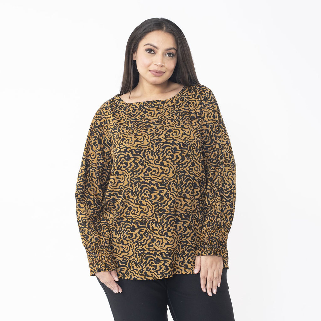 Tamsy 100% Viscose Animal Seamless Printed Top with smocking elastic sleeve opening (Size XXL, 24 to 26) - Brown_7667332_3