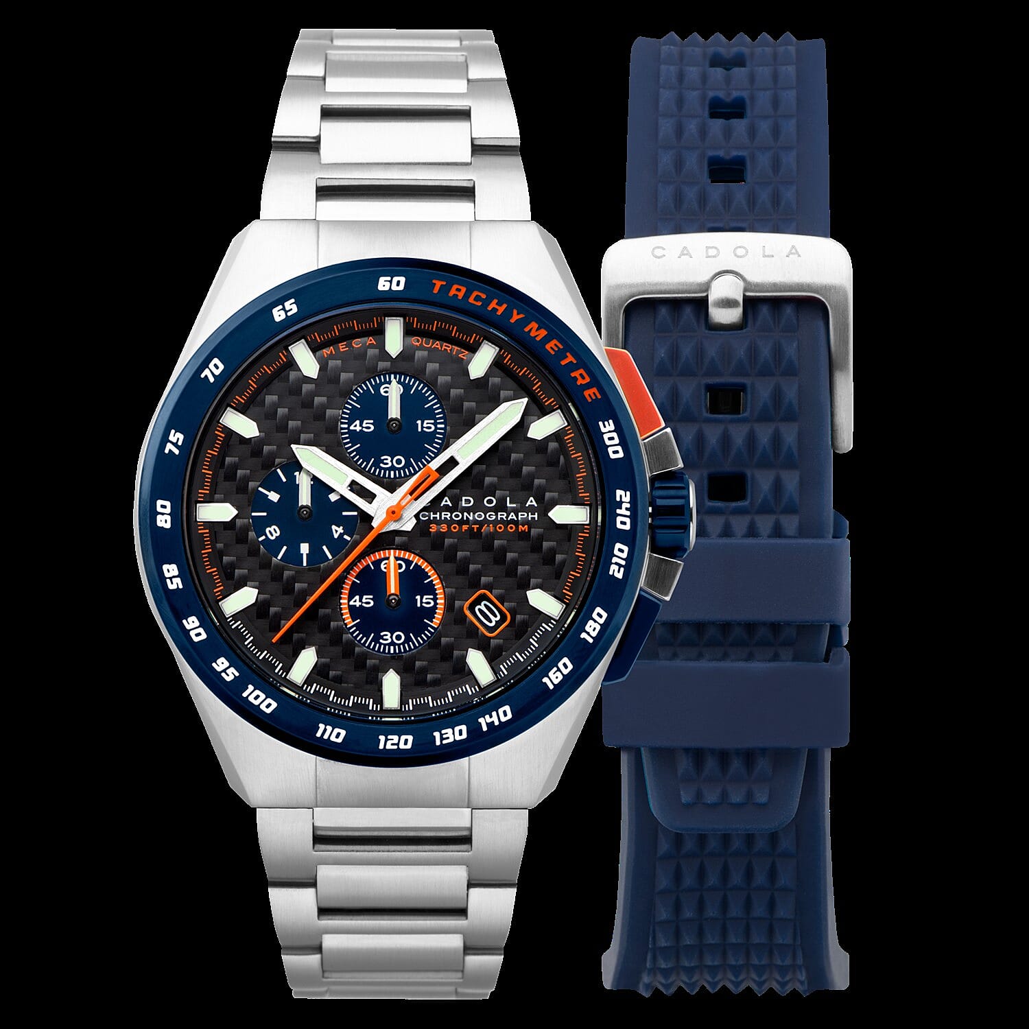 CADOLA Peterson 44mm 10 ATM Water Resistant Watch With Stainless Steel Chain Bracelet & Extra Yellow Silicon Strap