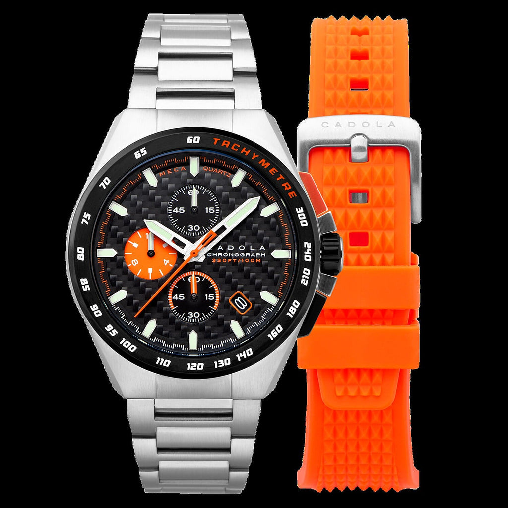 CADOLA Peterson 44mm 10 ATM Water Resistant Watch With Stainless Steel Chain Bracelet & Extra Yellow Silicon Strap