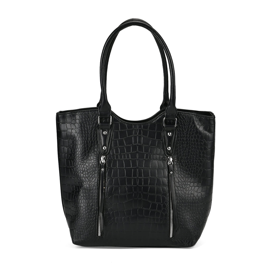 PU Crocodile Tote Bag (Size 31x13x32 cm) - Black & Black_7673246