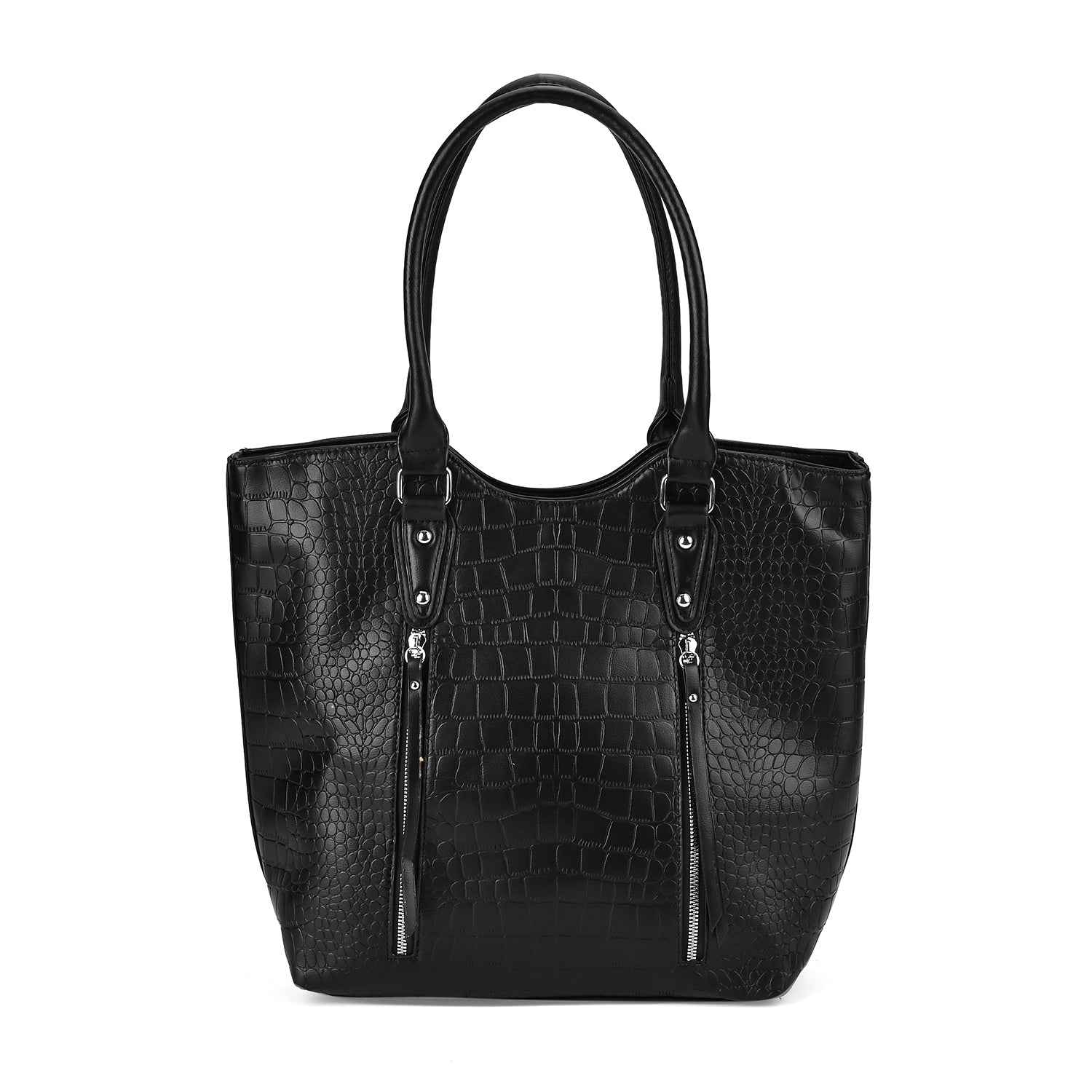 PU Crocodile Tote Bag (Size 31x13x32 cm) - Black & Black_7673246