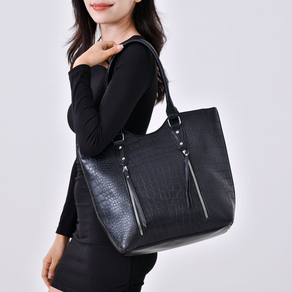 PU Crocodile Tote Bag (Size 31x13x32 cm) - Black & Black_7673246_2