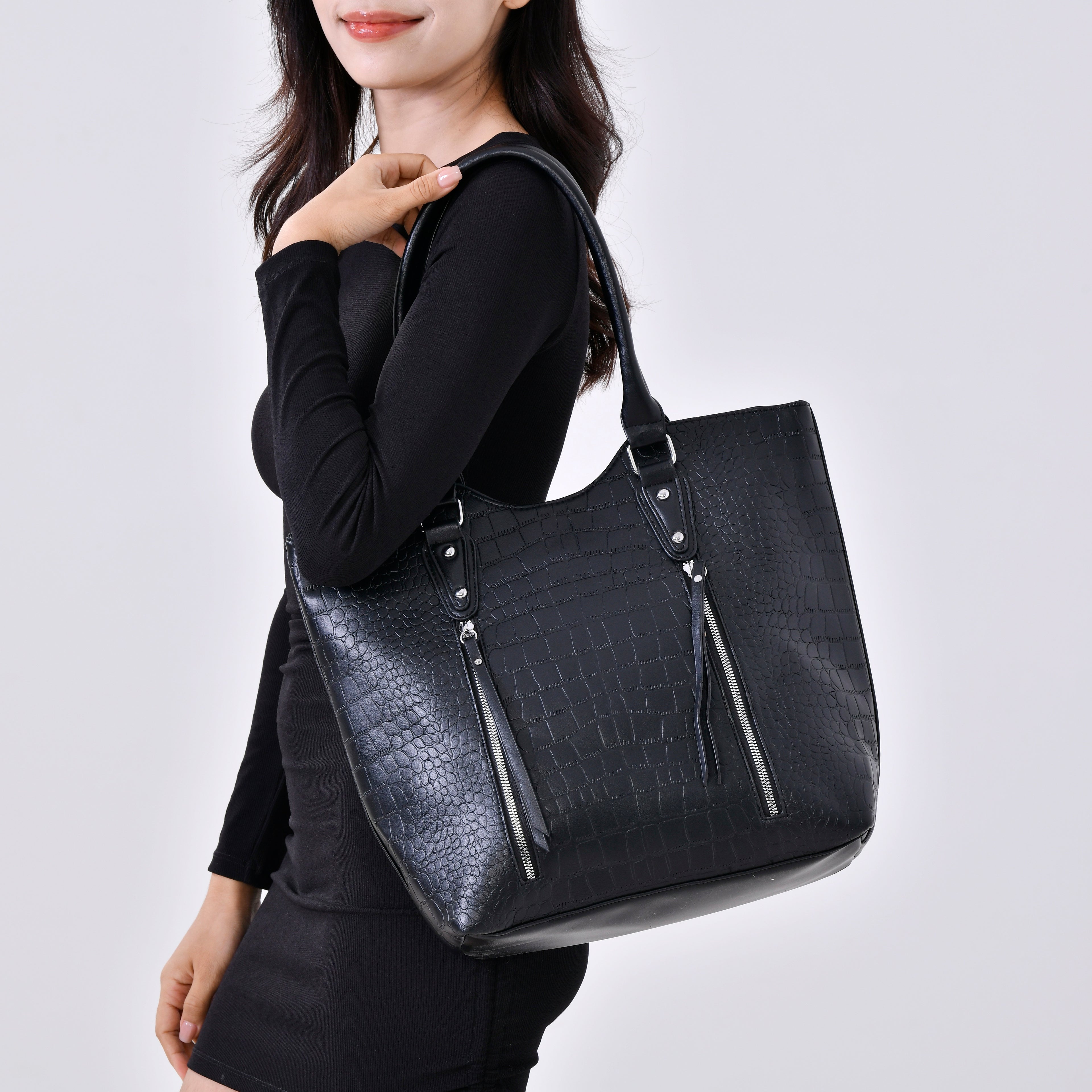 PU Crocodile Tote Bag (Size 31x13x32 cm) - Black & Black_7673246_2