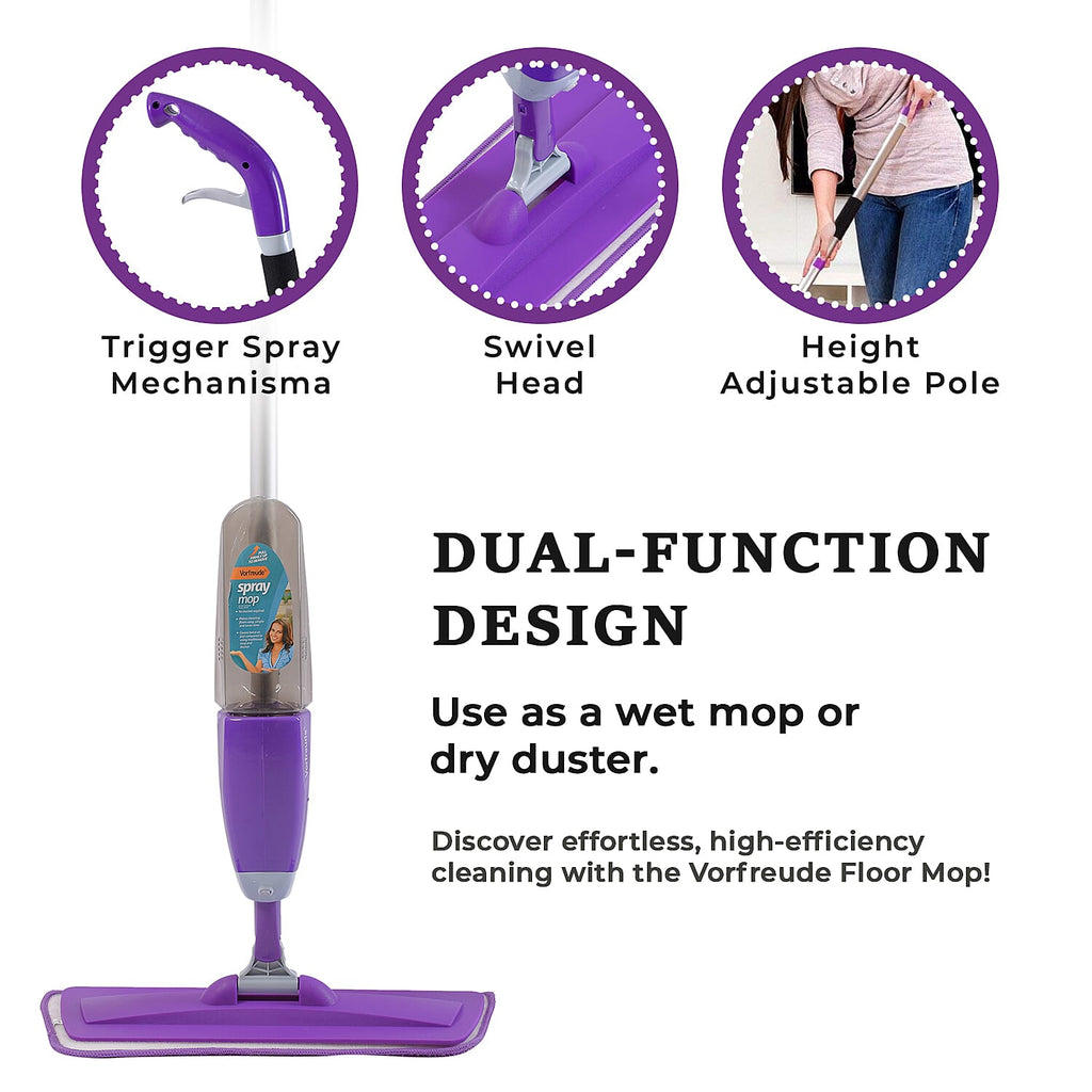 Vorfreude Floor Mop with Integrated Spray & Reusable Microfiber Pad (700ml) - Purple