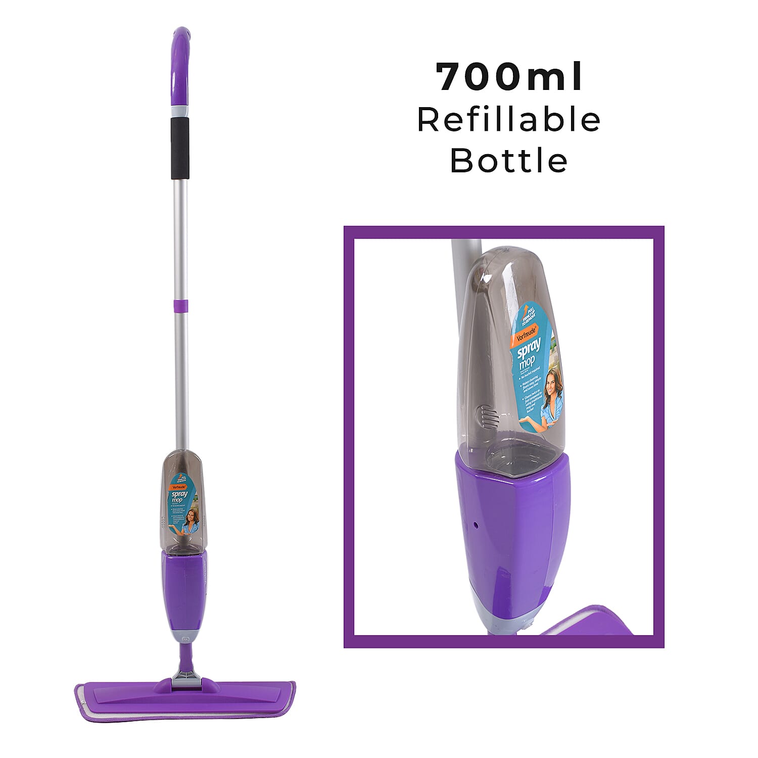 Vorfreude Floor Mop with Integrated Spray & Reusable Microfiber Pad (700ml) - Purple