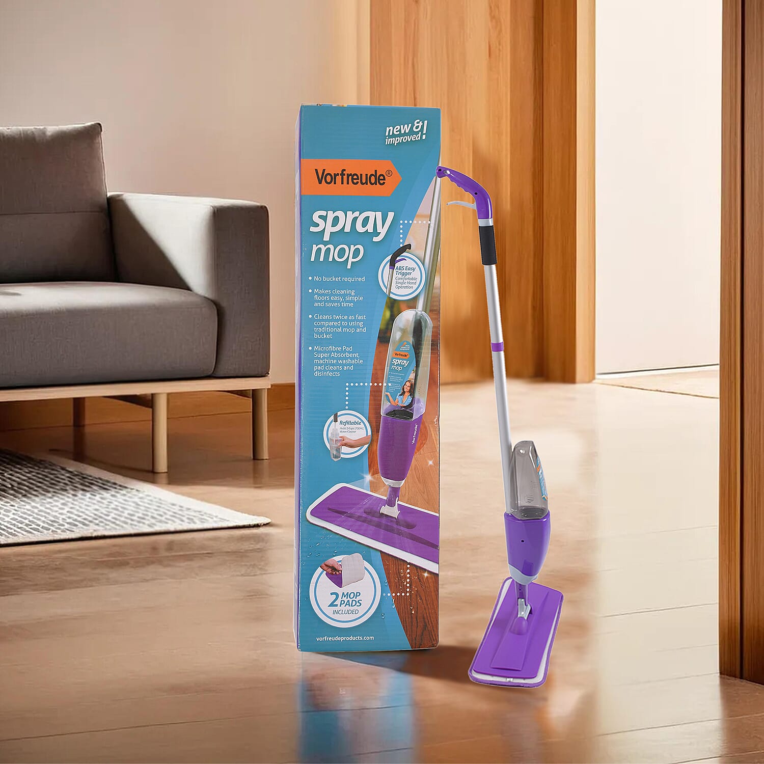Vorfreude Floor Mop with Integrated Spray & Reusable Microfiber Pad (700ml) - Purple