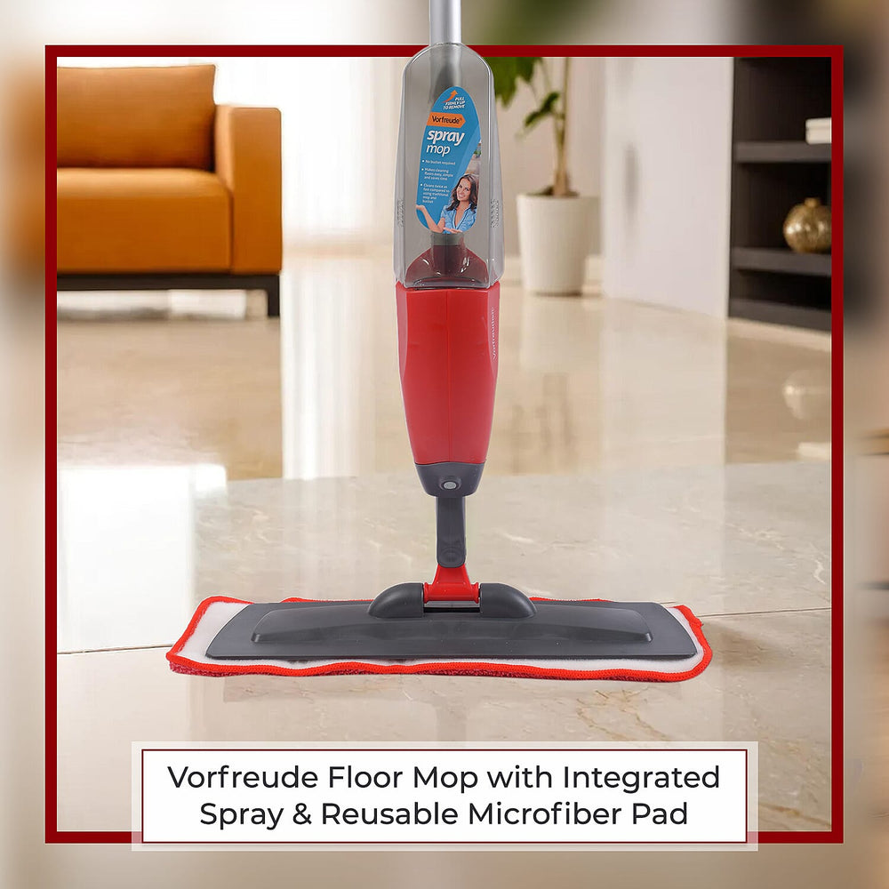 Vorfreude Floor Mop with Integrated Spray & Reusable Microfiber Pad (700ml - Red