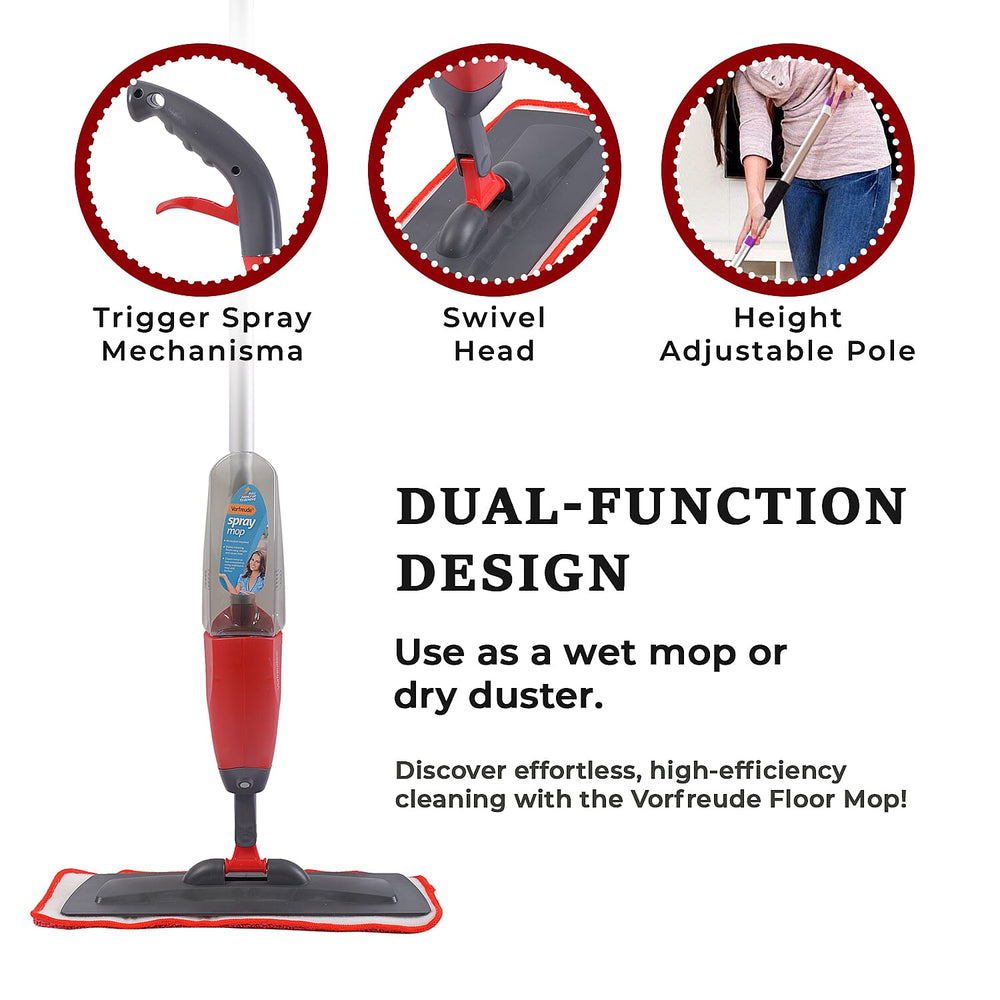 Vorfreude Floor Mop with Integrated Spray & Reusable Microfiber Pad (700ml - Red