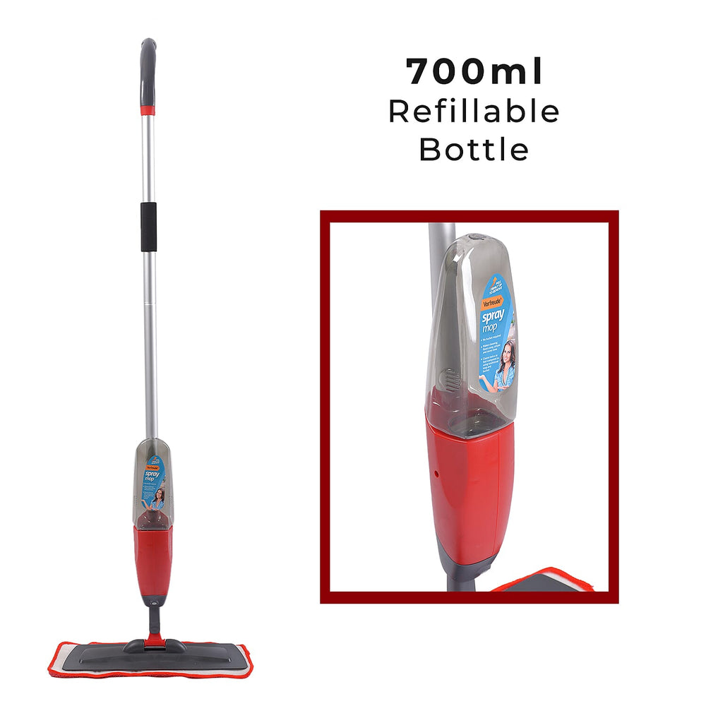 Vorfreude Floor Mop with Integrated Spray & Reusable Microfiber Pad (700ml - Red