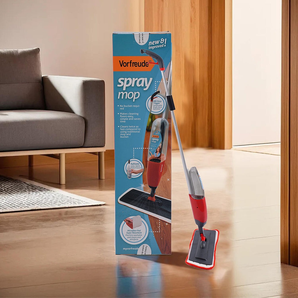 Vorfreude Floor Mop with Integrated Spray & Reusable Microfiber Pad (700ml - Red