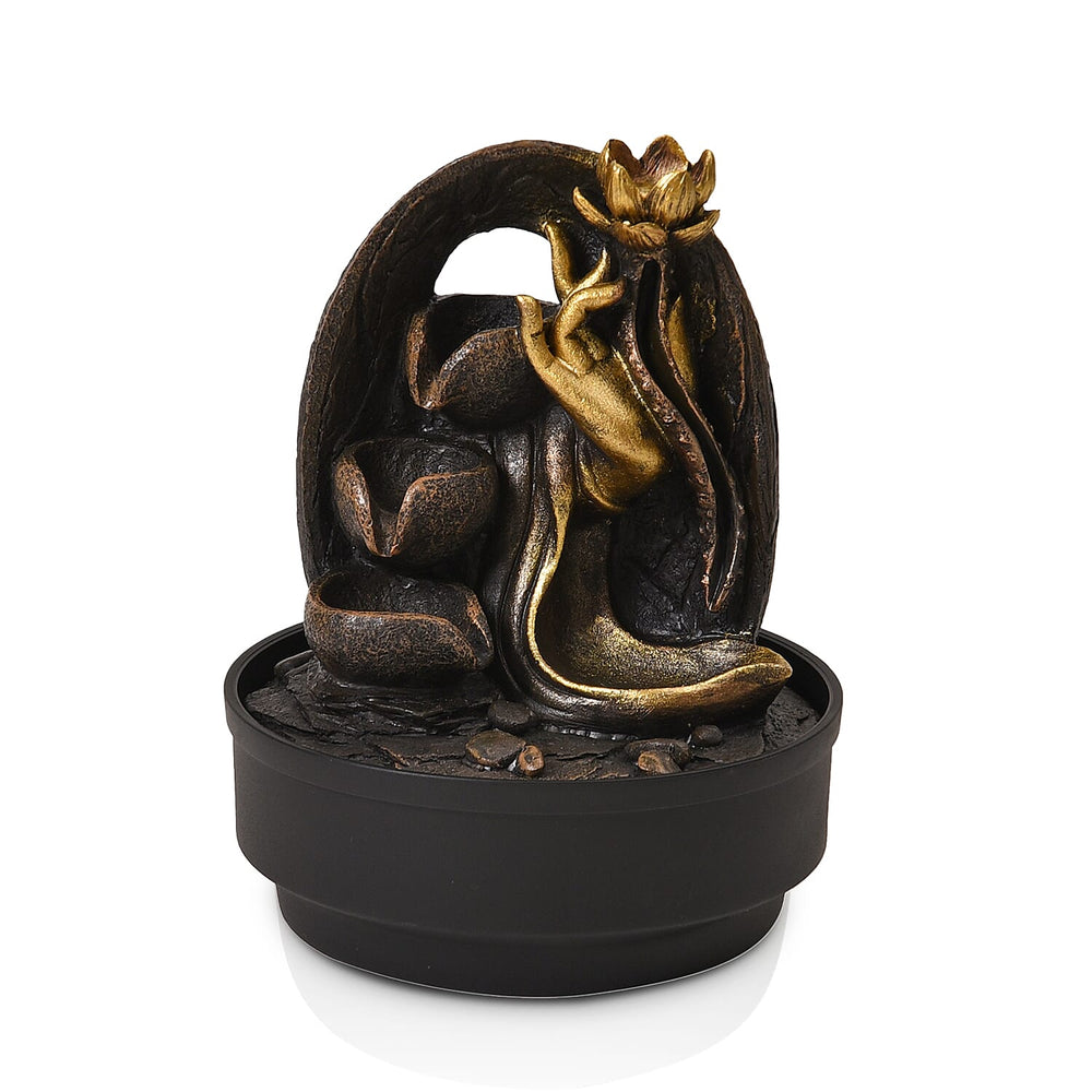 2-In-1 Buddha Hand with a Lotus Fountain LED Light With Incense Burner (30pcs Incense) - Grey - Gold