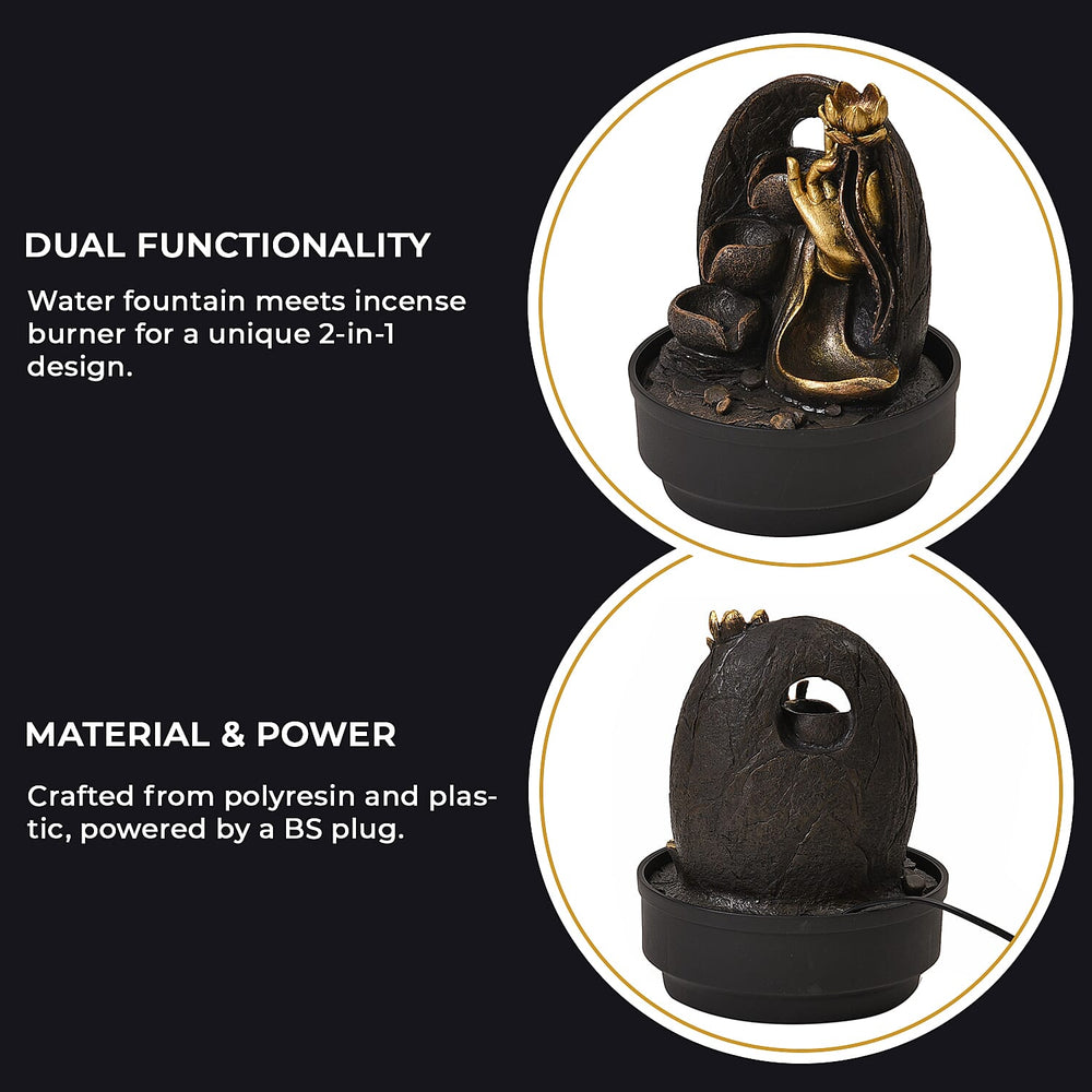 2-In-1 Buddha Hand with a Lotus Fountain LED Light With Incense Burner (30pcs Incense) - Grey - Gold