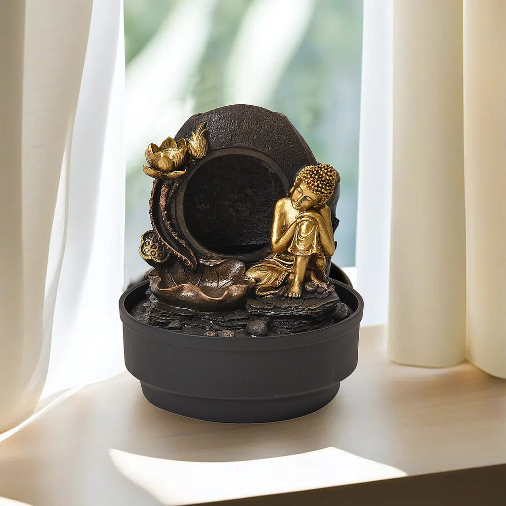 2-In-1 Resting Buddha Water Fountain LED Light With Incense Burner (30pcs Incense) - Gold - Grey