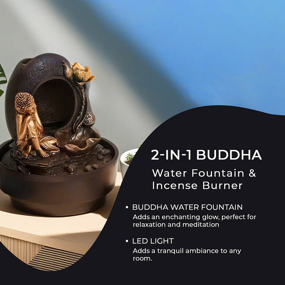 2-In-1 Resting Buddha Water Fountain LED Light With Incense Burner (30pcs Incense) - Gold - Grey