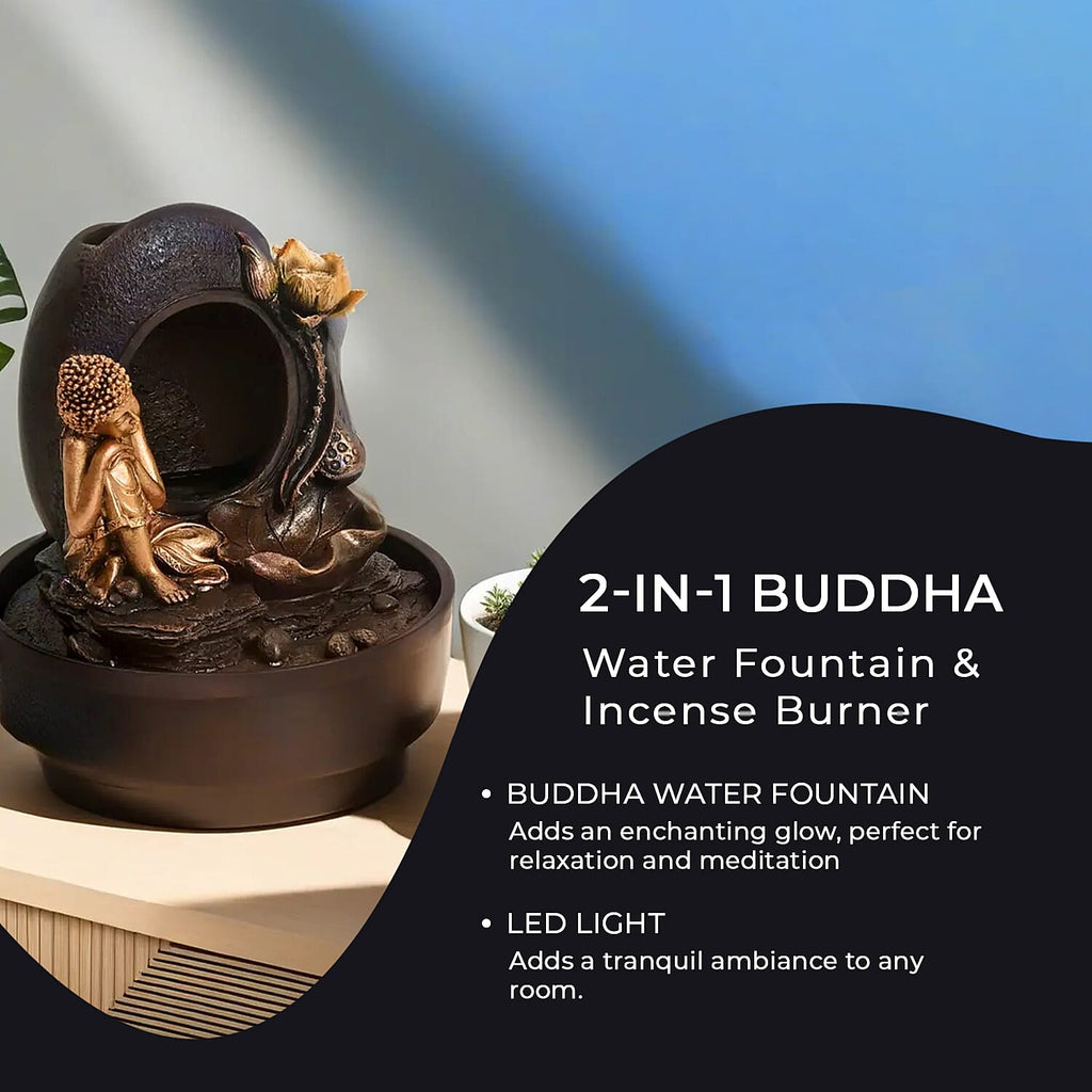 2-In-1 Resting Buddha Water Fountain LED Light With Incense Burner (30pcs Incense) - Gold - Grey