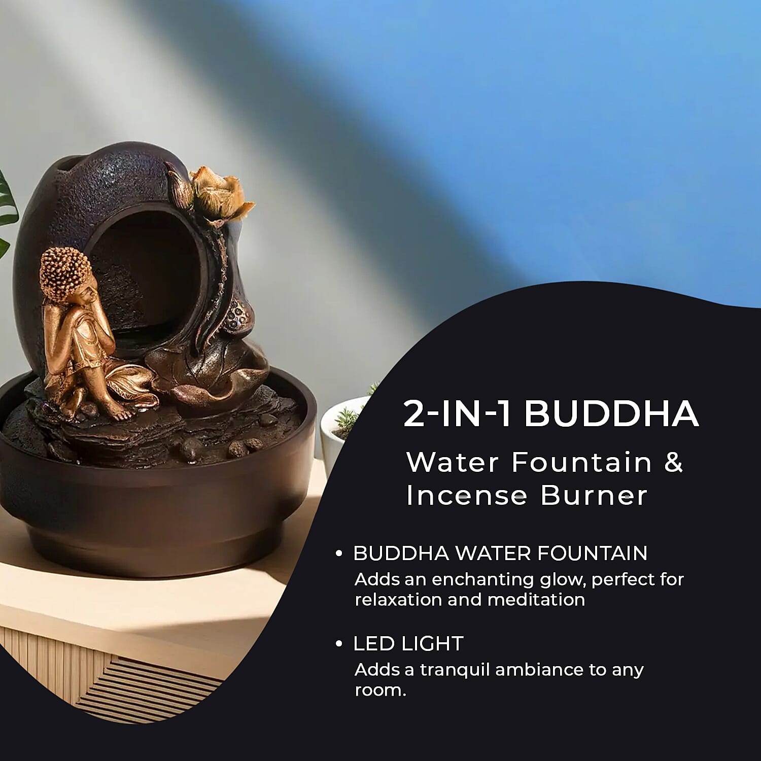2-In-1 Resting Buddha Water Fountain LED Light With Incense Burner (30pcs Incense) - Gold - Grey