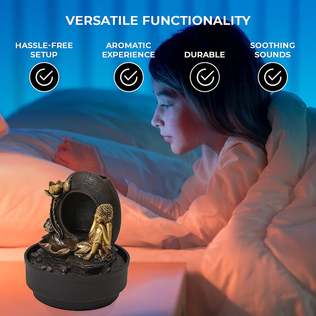 2-In-1 Resting Buddha Water Fountain LED Light With Incense Burner (30pcs Incense) - Gold - Grey