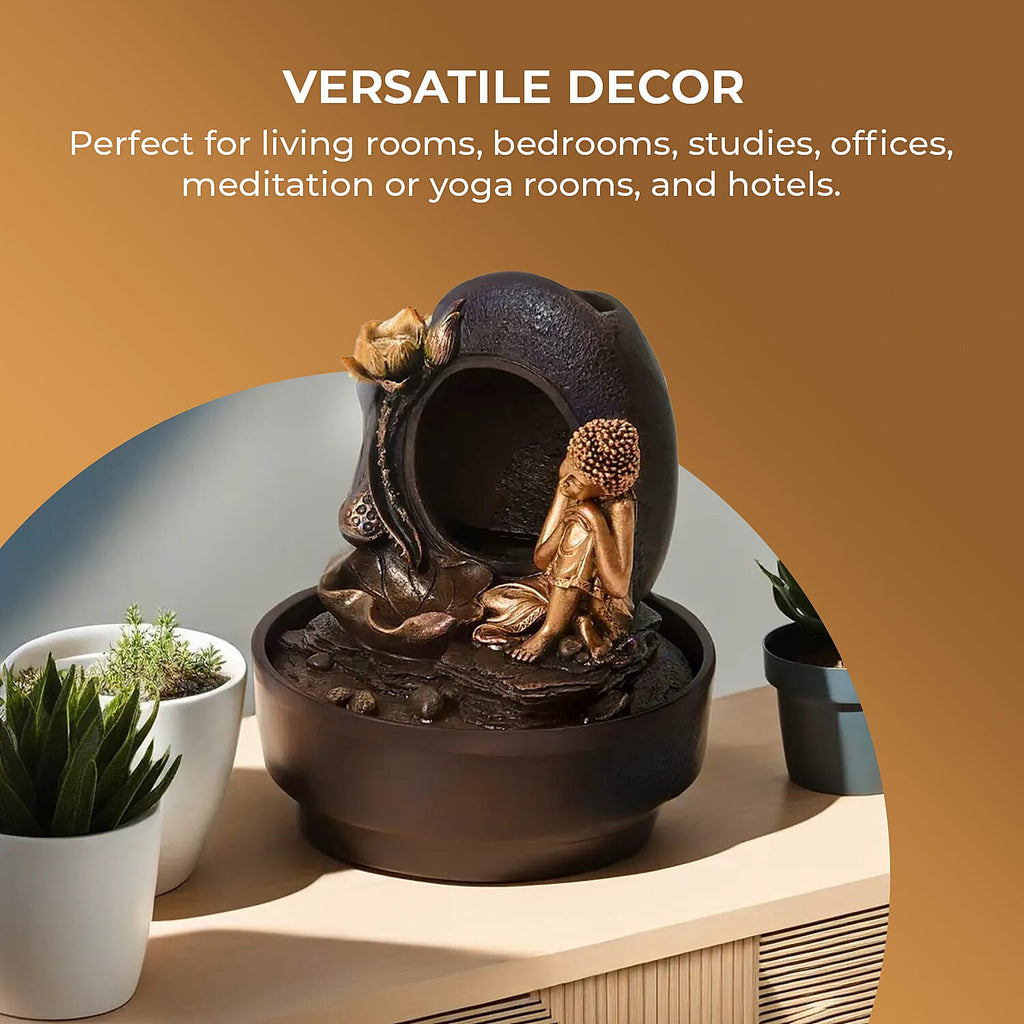 2-In-1 Resting Buddha Water Fountain LED Light With Incense Burner (30pcs Incense) - Gold - Grey