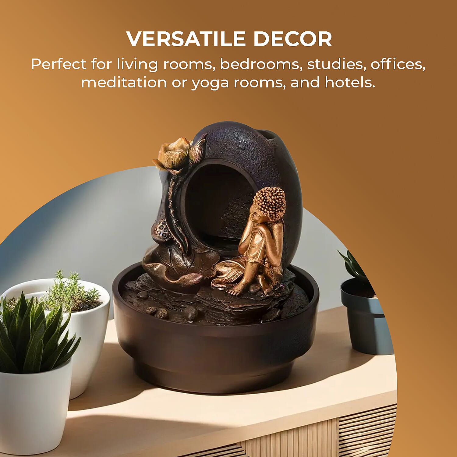 2-In-1 Resting Buddha Water Fountain LED Light With Incense Burner (30pcs Incense) - Gold - Grey