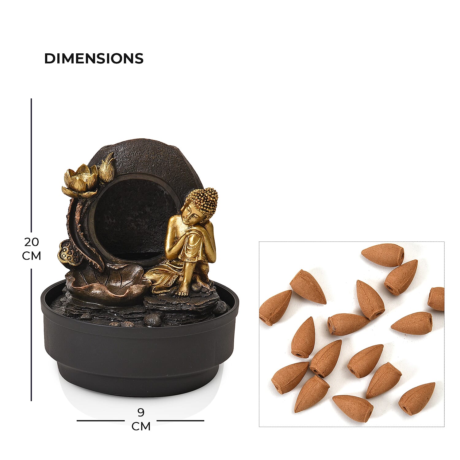 2-In-1 Resting Buddha Water Fountain LED Light With Incense Burner (30pcs Incense) - Gold - Grey