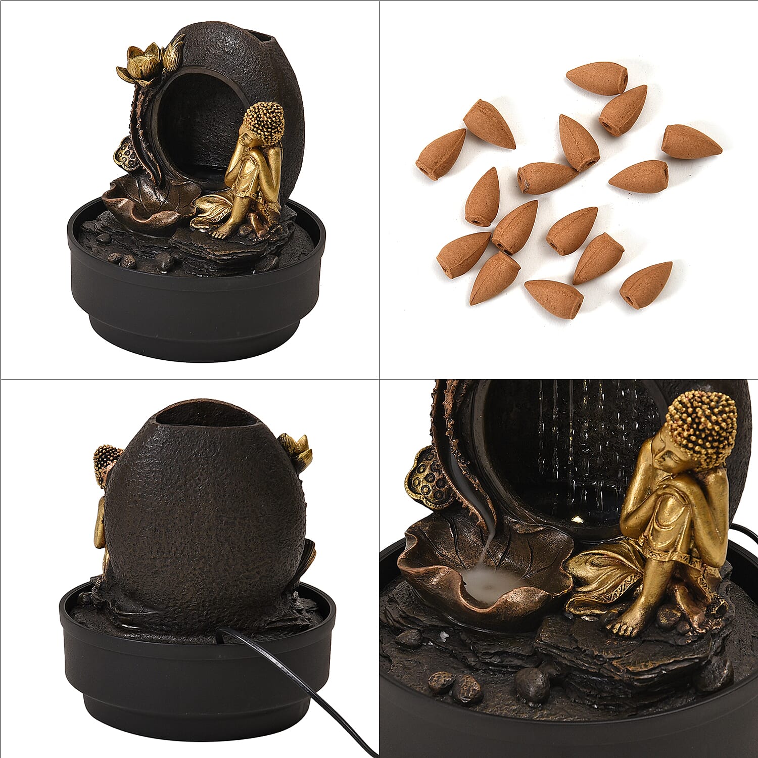 2-In-1 Resting Buddha Water Fountain LED Light With Incense Burner (30pcs Incense) - Gold - Grey