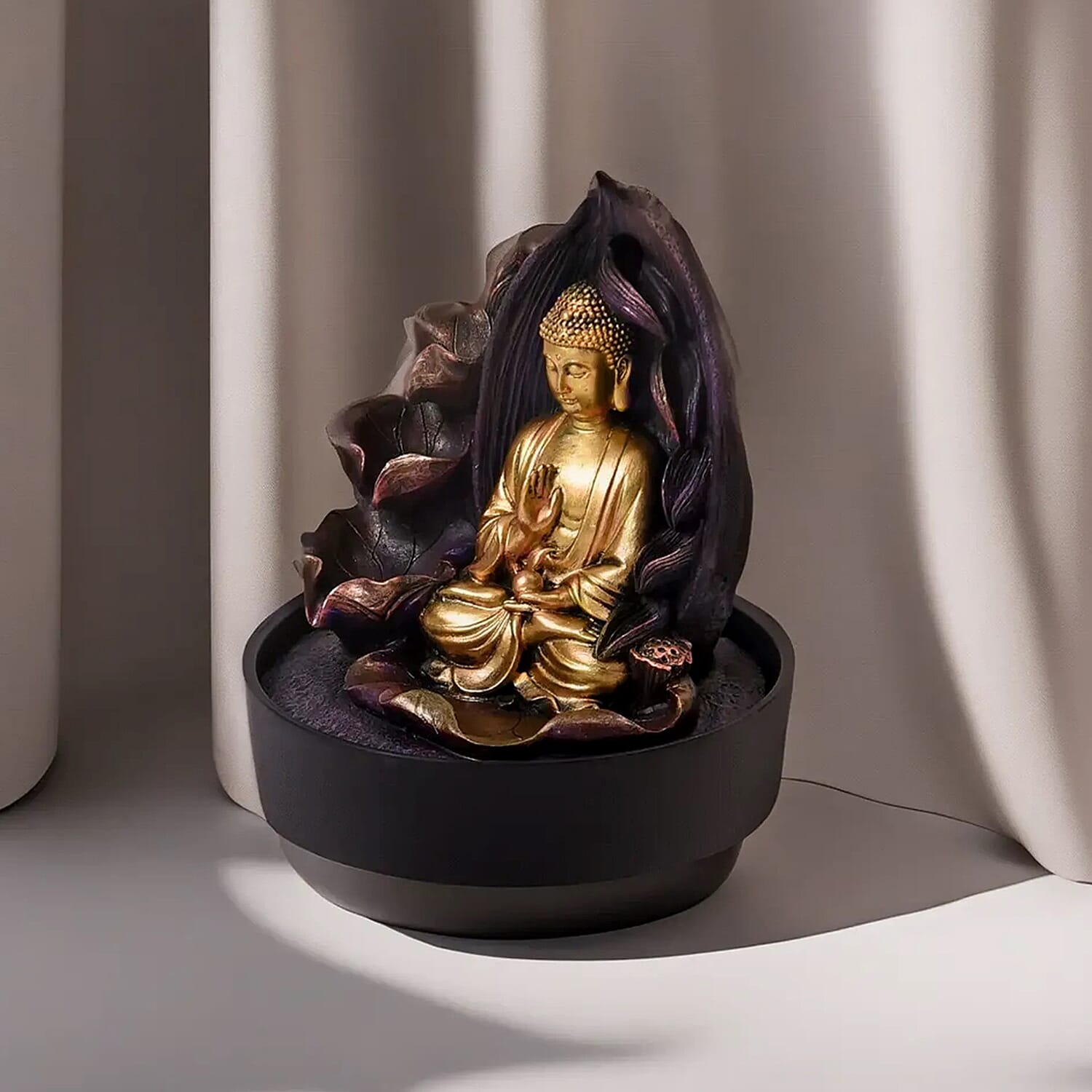 2-In-1 Buddha Water Fountain LED Light With Incense Burner (30pcs Incense) - Gold & Grey