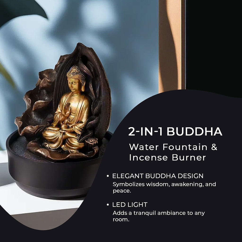2-In-1 Buddha Water Fountain LED Light With Incense Burner (30pcs Incense) - Gold & Grey