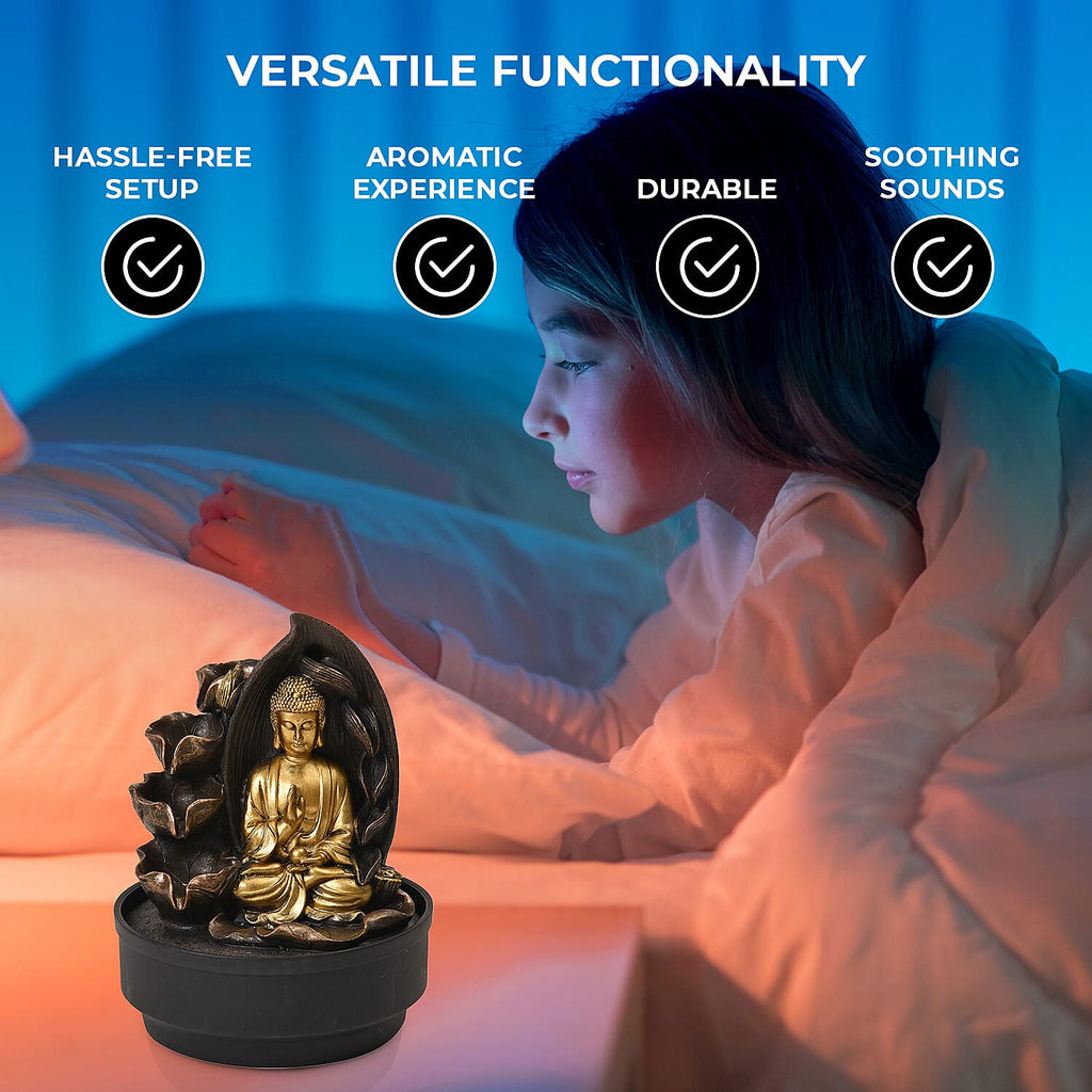 2-In-1 Buddha Water Fountain LED Light With Incense Burner (30pcs Incense) - Gold & Grey