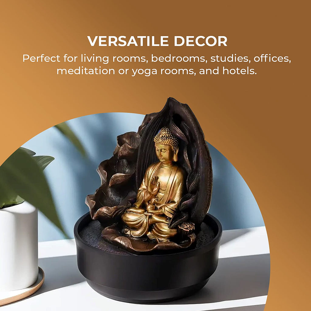 2-In-1 Buddha Water Fountain LED Light With Incense Burner (30pcs Incense) - Gold & Grey