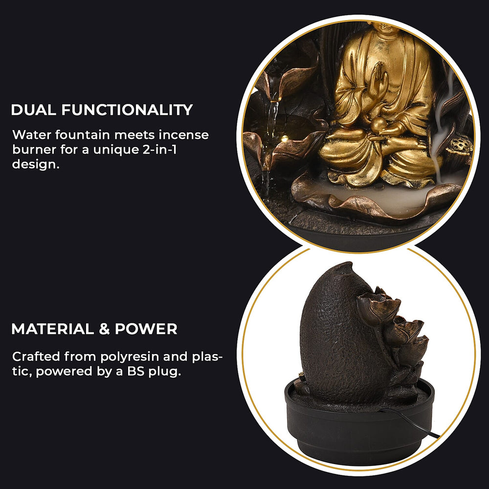 2-In-1 Buddha Water Fountain LED Light With Incense Burner (30pcs Incense) - Gold & Grey