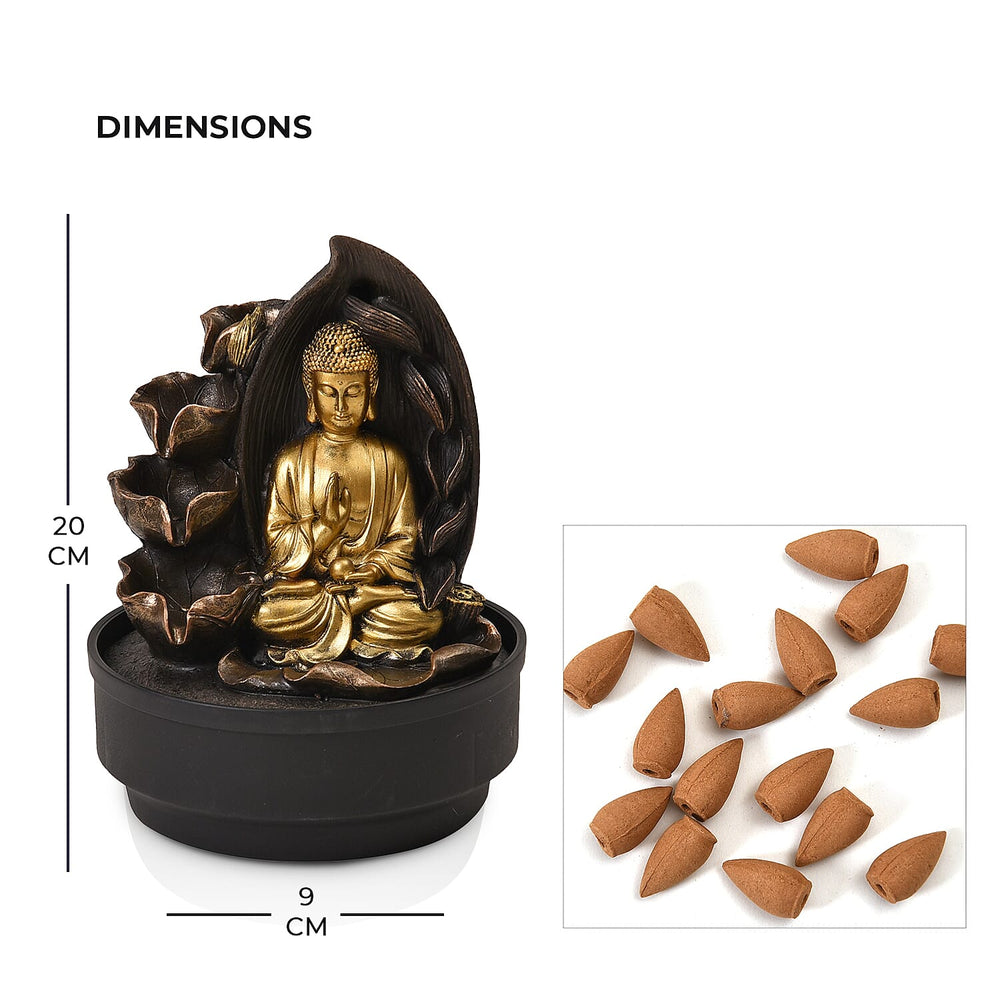 2-In-1 Buddha Water Fountain LED Light With Incense Burner (30pcs Incense) - Gold & Grey