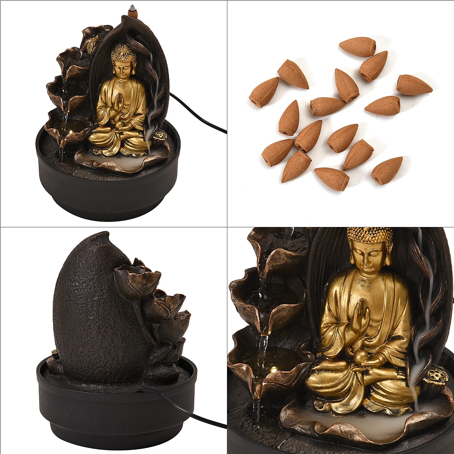 2-In-1 Buddha Water Fountain LED Light With Incense Burner (30pcs Incense) - Gold & Grey