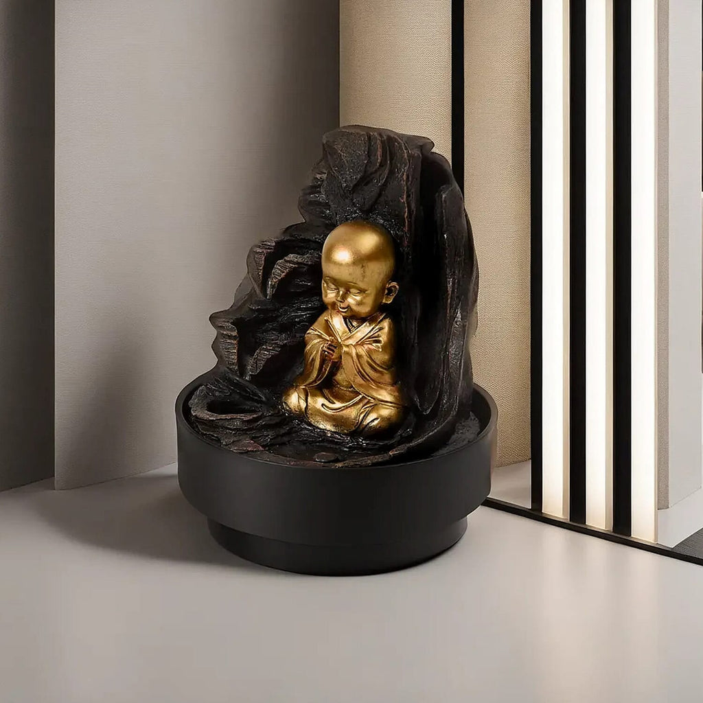 2-In-1 Little Monk Water Fountain LED Light With Incense Burner (30pcs Incense) - Grey - Gold