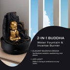 2-In-1 Little Monk Water Fountain LED Light With Incense Burner (30pcs Incense) - Grey - Gold