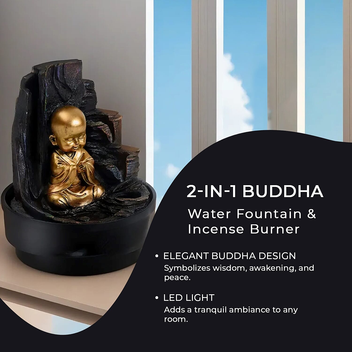 2-In-1 Little Monk Water Fountain LED Light With Incense Burner (30pcs Incense) - Grey - Gold