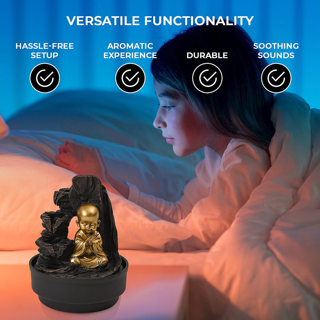 2-In-1 Little Monk Water Fountain LED Light With Incense Burner (30pcs Incense) - Grey - Gold