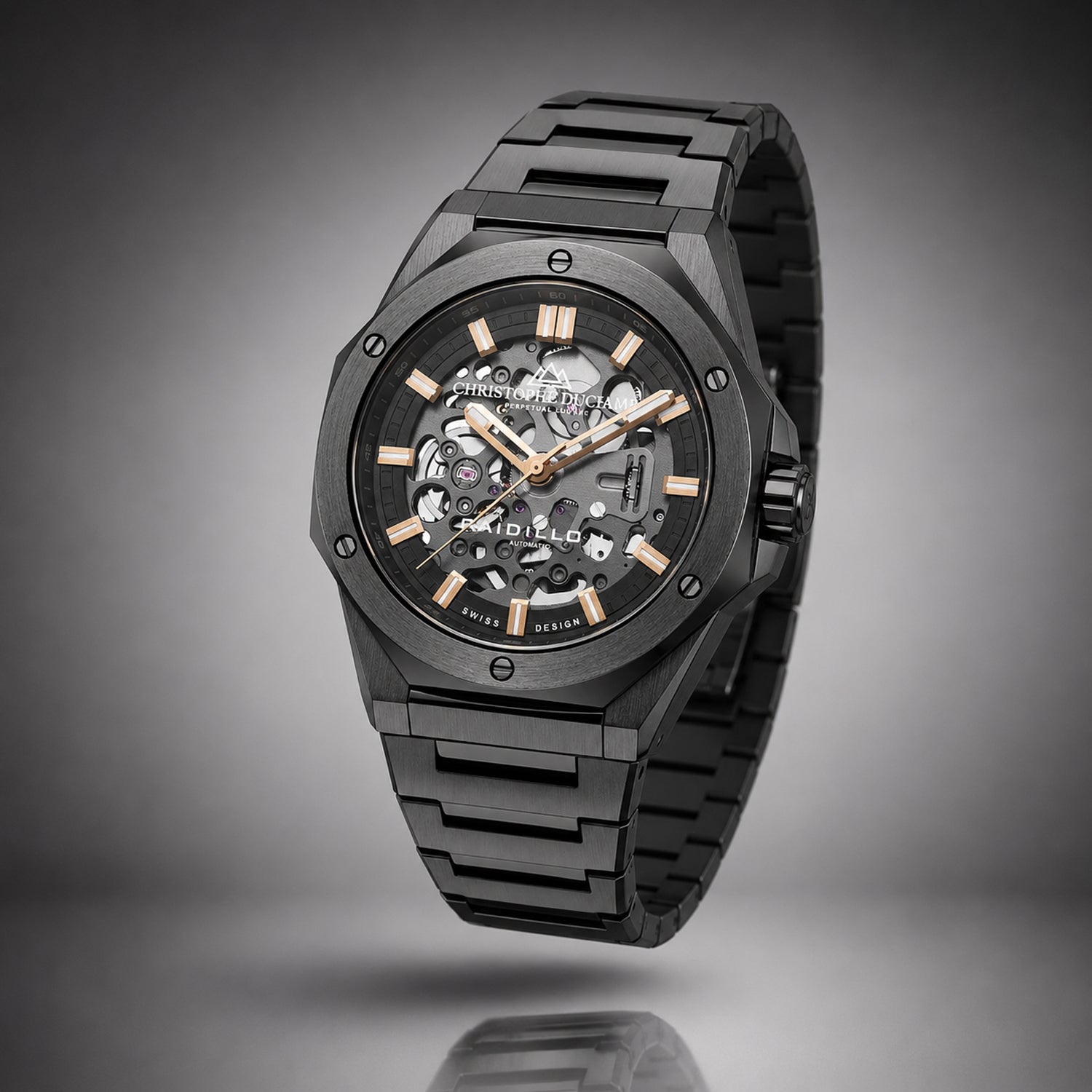 LIMITED QUANTITY Raidillon Skeleton II Automatic Movement Christophe Duchamp SWISS DESIGN 100M Water Resistant Skeleton Timepiece - Black_7682798