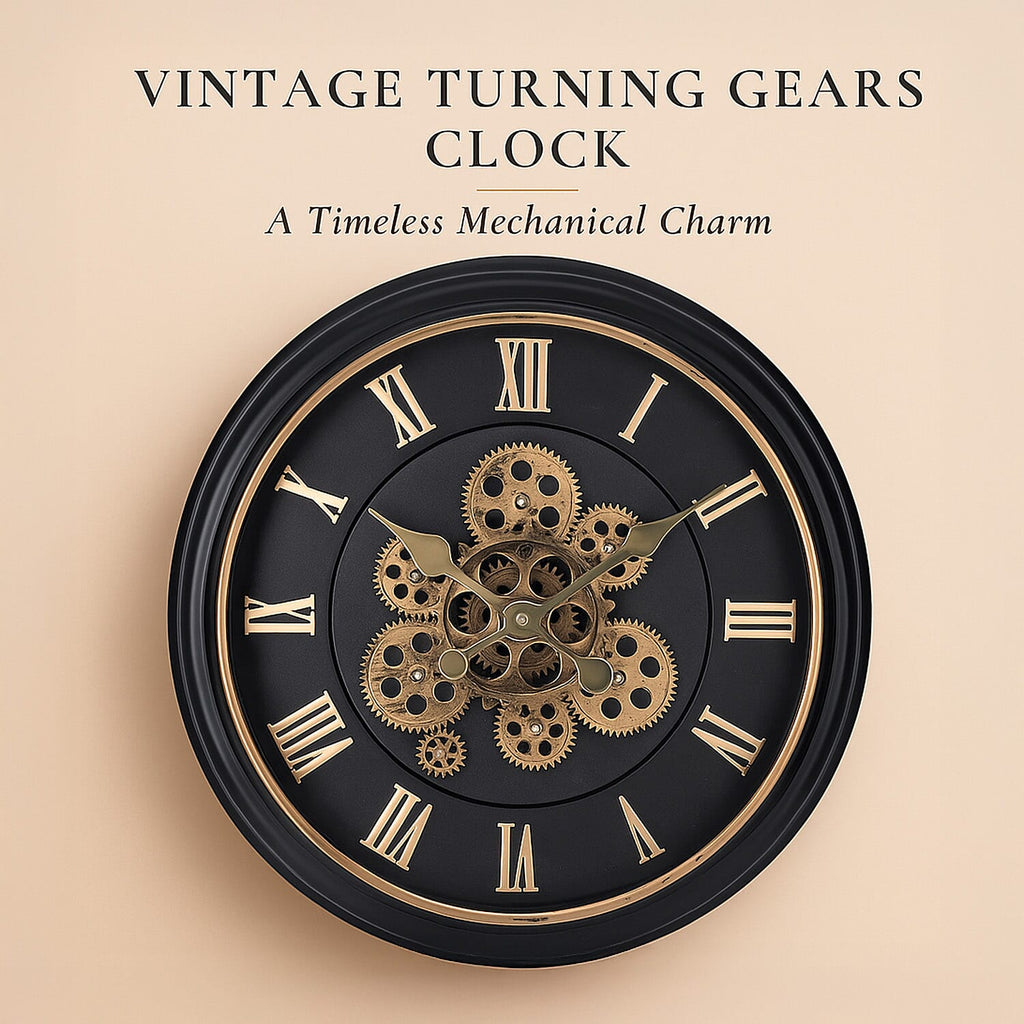 Large Vintage Turning Gears Wall Clock with Large Roman Numerals, Distinctive Retro Design (Size 45 cm) - Black Curve