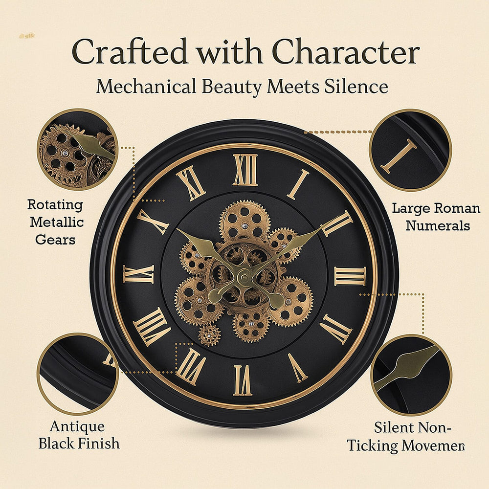 Large Vintage Turning Gears Wall Clock with Large Roman Numerals, Distinctive Retro Design (Size 45 cm) - Black Curve