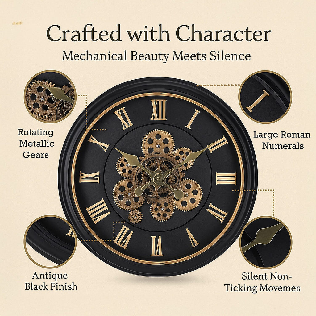 Large Vintage Turning Gears Wall Clock with Large Roman Numerals, Distinctive Retro Design (Size 45 cm) - Black Curve