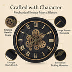 Large Vintage Turning Gears Wall Clock with Large Roman Numerals, Distinctive Retro Design (Size 45 cm) - Black Curve