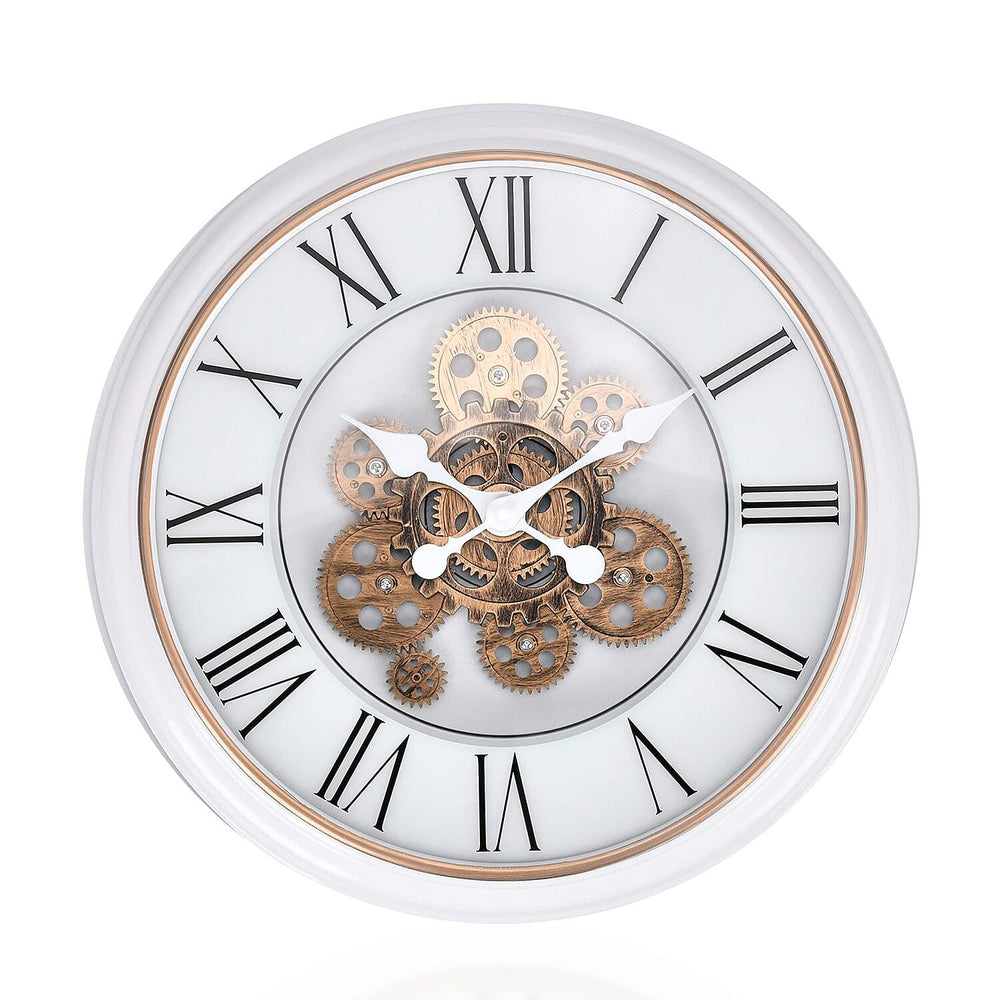 Large Vintage Turning Gears Wall Clock with Large Roman Numerals, Distinctive Retro Design (Size 45 cm) - White Curve