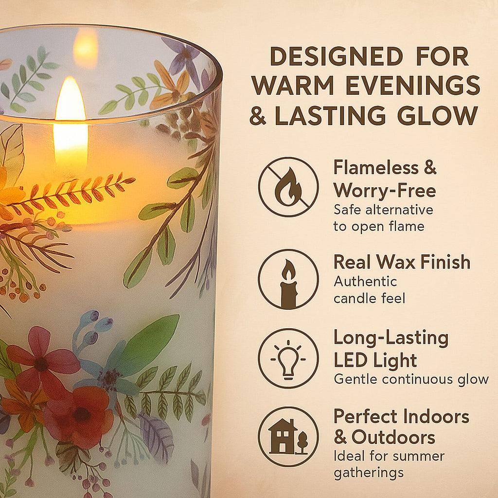 Set of 2 LED Floral Printed Glass Wax Candle - Multi