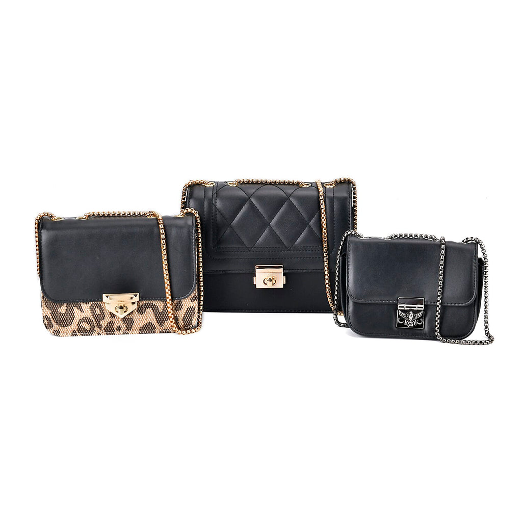 Set of 3 - PU Heart Crossbody Bag - Black