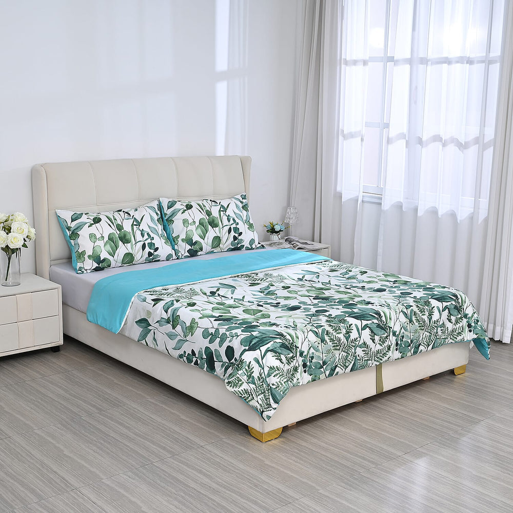 3 Piece Set - Leaves Pattern Comforter with 2 Pillow Cases (Double Size 200x200 cm) - Green