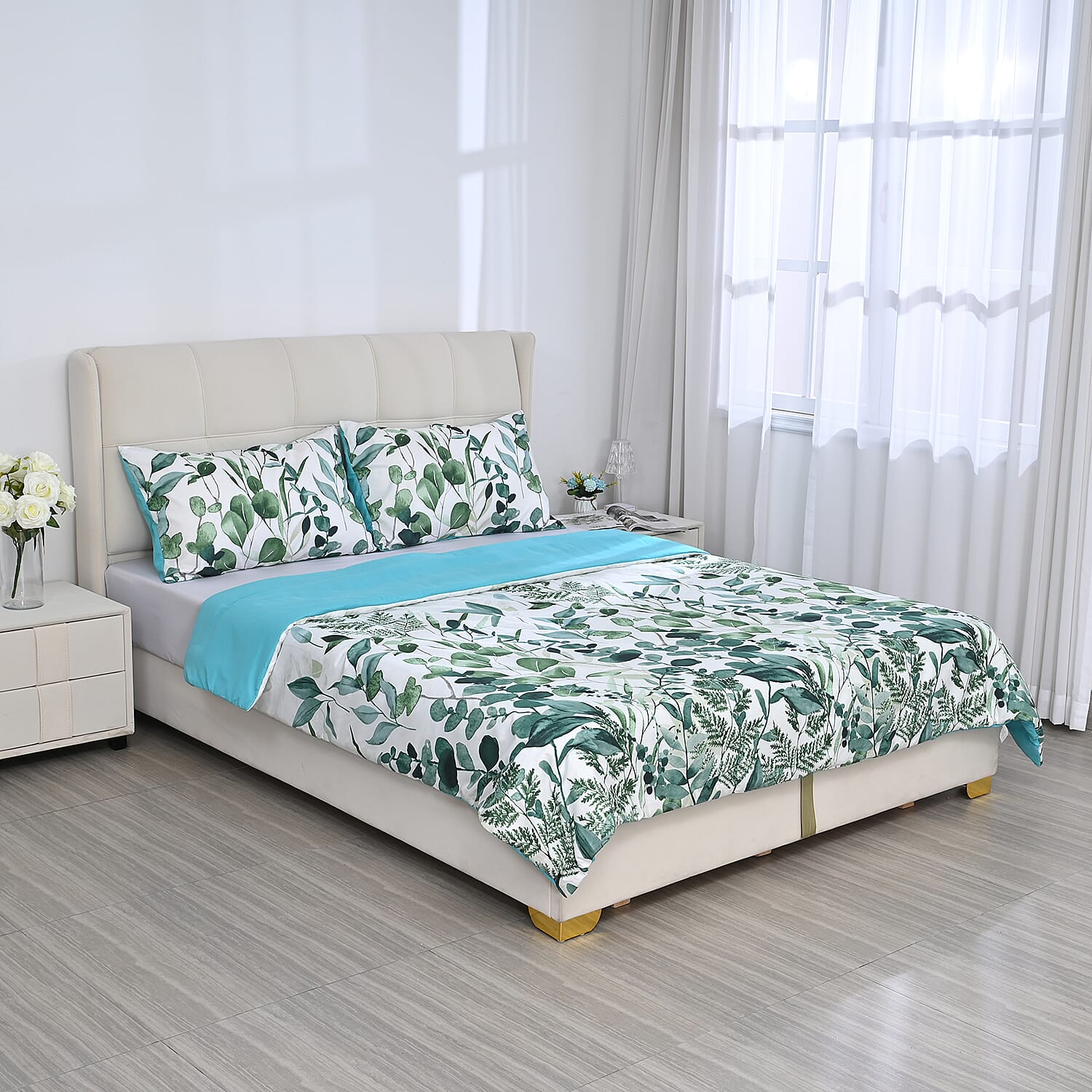 3 Piece Set - Leaves Pattern Comforter with 2 Pillow Cases (Double Size 200x200 cm) - Green