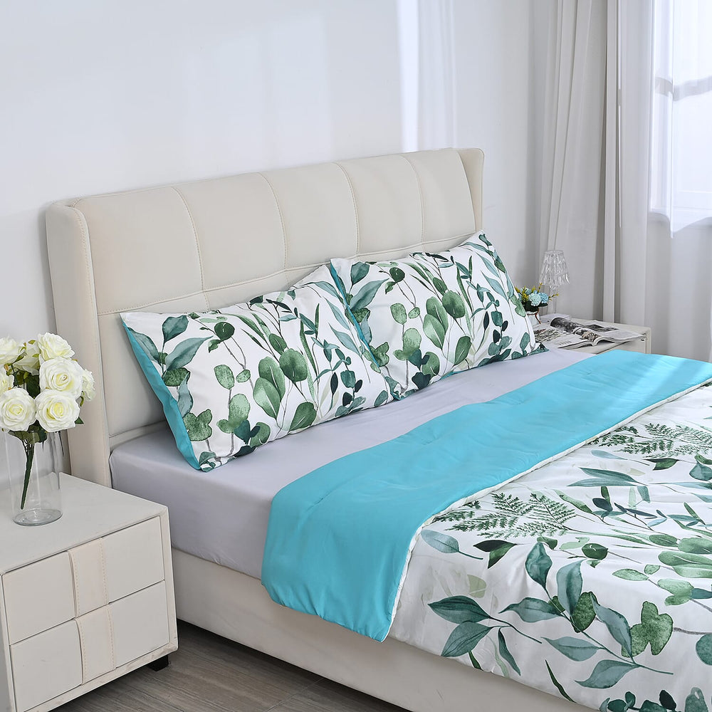3 Piece Set - Leaves Pattern Comforter with 2 Pillow Cases (Double Size 200x200 cm) - Green
