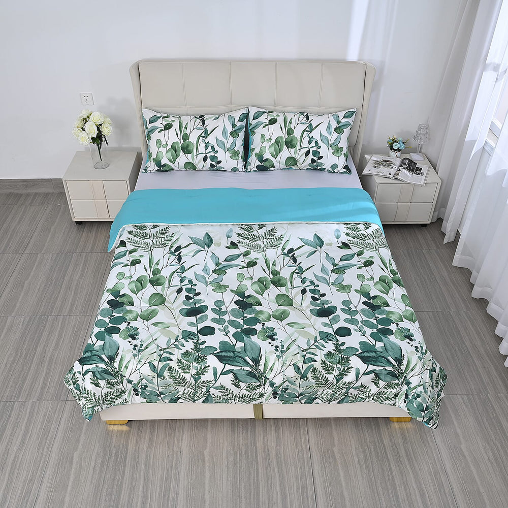 3 Piece Set - Leaves Pattern Comforter with 2 Pillow Cases (Double Size 200x200 cm) - Green