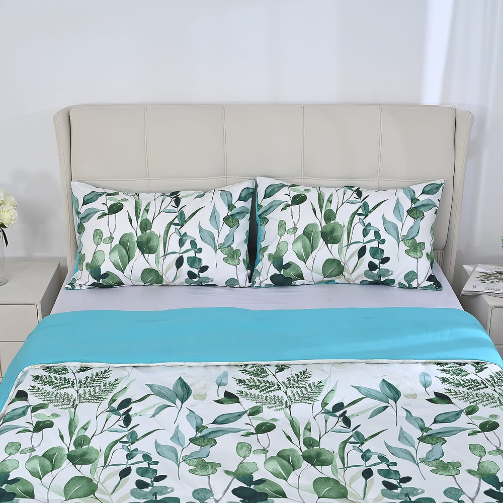 3 Piece Set - Leaves Pattern Comforter with 2 Pillow Cases (Double Size 200x200 cm) - Green