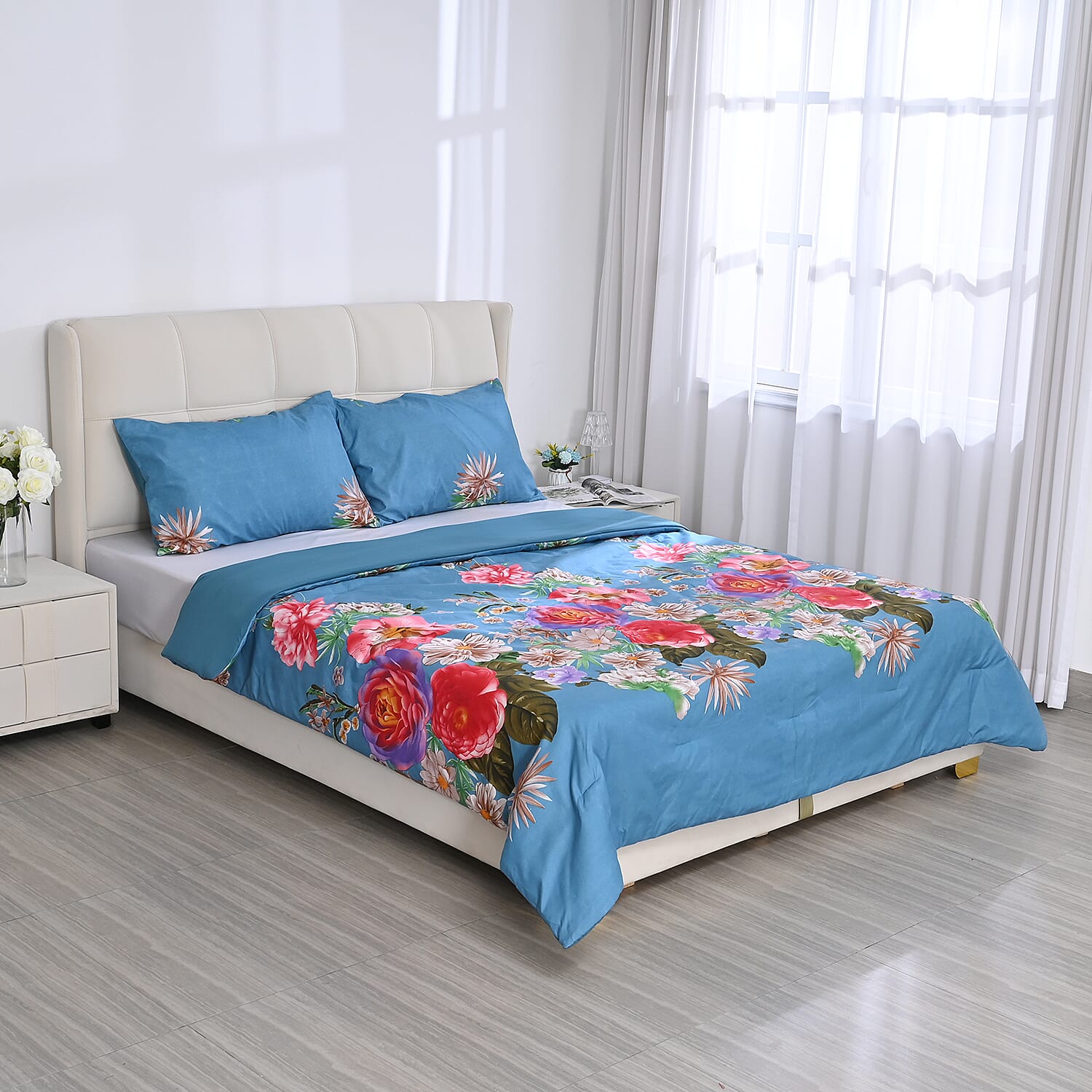 3 Piece Set - Floral Pattern Comforter with 2 Pillow Cases (Double Size 200x200 cm) - Lake Blue